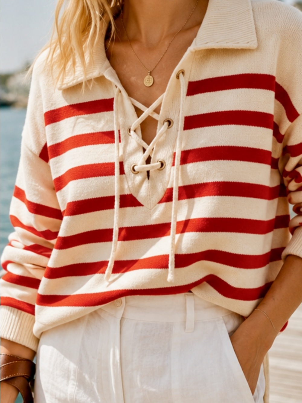 Marled Cream and Red Striped V-Neck Lace-Up Sweater/Nautical/Coastal
